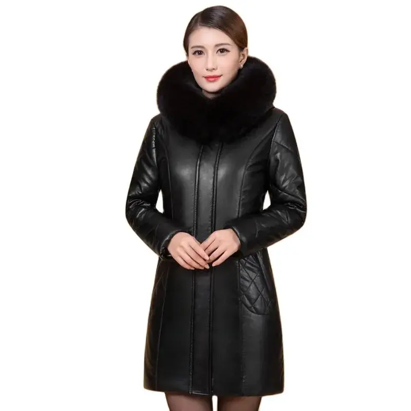 

Oversized 6XL Thicken PU Leather Jacket Women 2024 New Winter Slim Cotton Coat Mother's Fur Collar Hooded Warm Parkas Overcoat