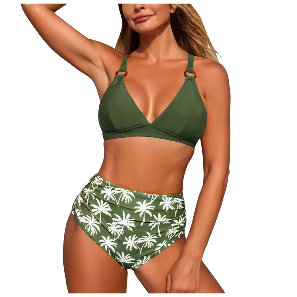 Womens Bikini Sets Pleated Swimsuits High Waist Ruffled Sexy Bikini Set Tie Back Bathing Suit Large Size Bikini Swimsuit
