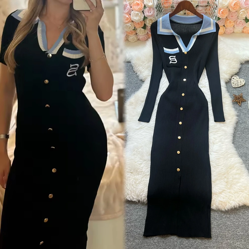 YuooMuoo Chic Fashion Sexy Wrap Hips Knitted Maxi Dress Women Brand Fashion Embroidery Long Sleeve Sweater Dress Autumn Vestido