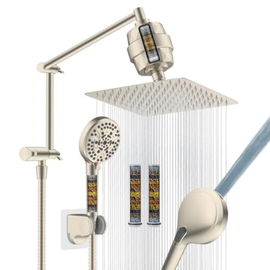 

All Metal Rain Filtered Shower Head for Bathroom, Brushed Nickel, High Pressure Rainfall with Handheld Spray, 10 Modes, 16 Adju
