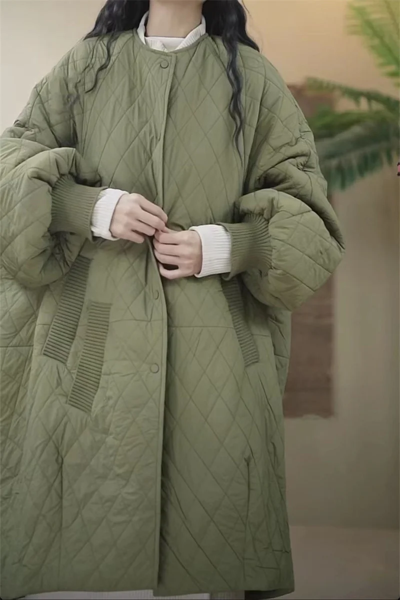 Oversized Diamond Plaid Down Cotton Jacket 2025 European Women Coat Long Lightweight Cotton Jacket Winter Parka New Coat Female