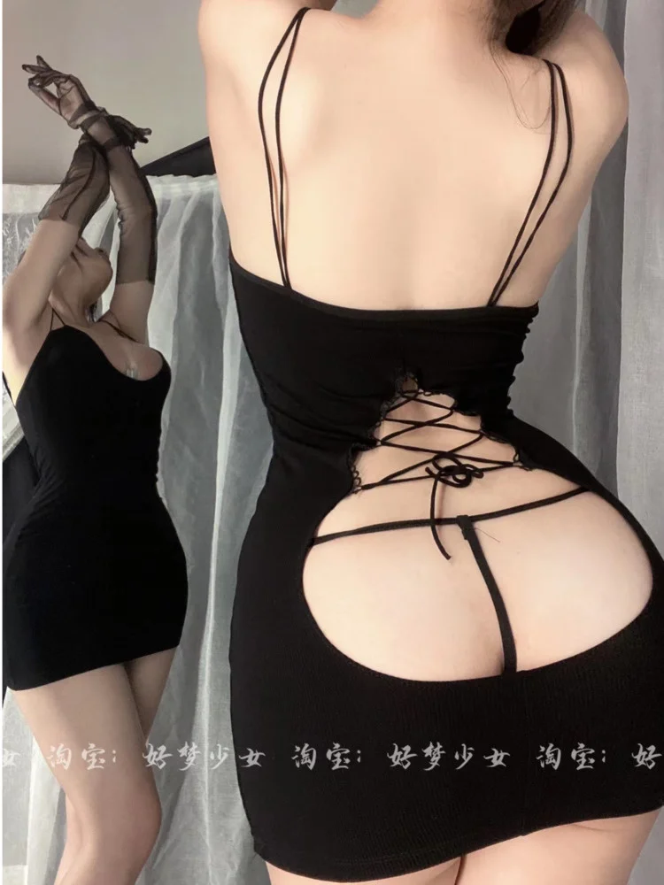 

Sexy Black Mini Slip Camisole Dress Backless Buttocks Slim Bandage Tie Sweet Fashion Tops Summer Korean Over Knee Dresses L344