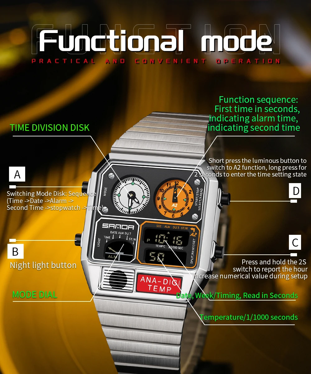 SANDA 3192 الأكثر مبيعا LED مربع إلكتروني للرجال الشباب عادية متعددة الوظائف ميزان الحرارة ساعة توقيت كرونوغراف ساعة رجالي