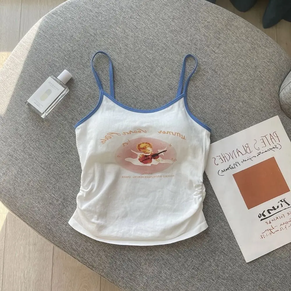 

Polyester Cartoon Sweet Tank Top Europe and America's Off Shoulder O Neck Sleeveless Sleeveless Vintage Print Y2k Tank Top