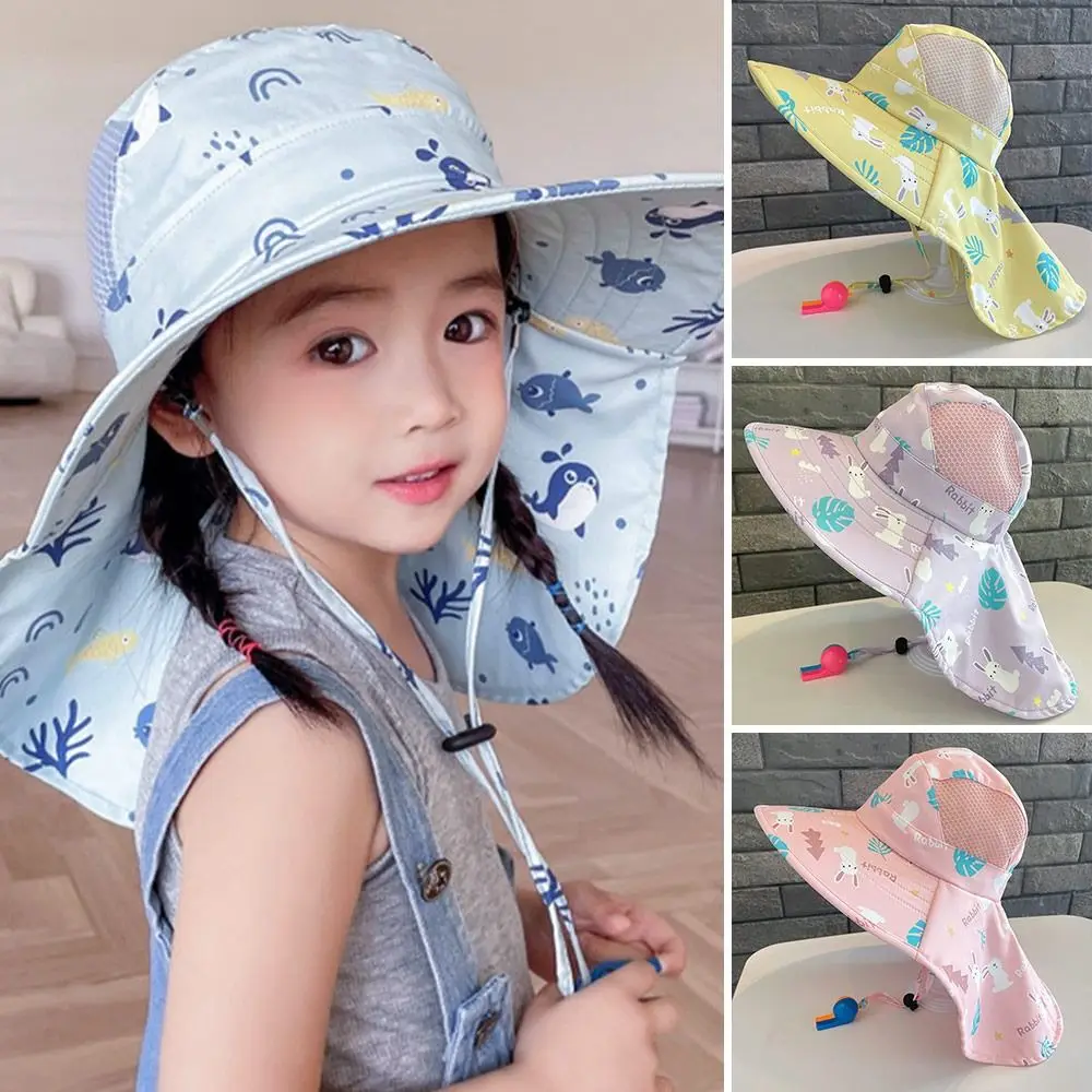 Summer Baby Sun Hat Bucket Cap With Whistle For Girls Boys Outdoor Neck Ear Cover Anti UV Kids Beach Caps