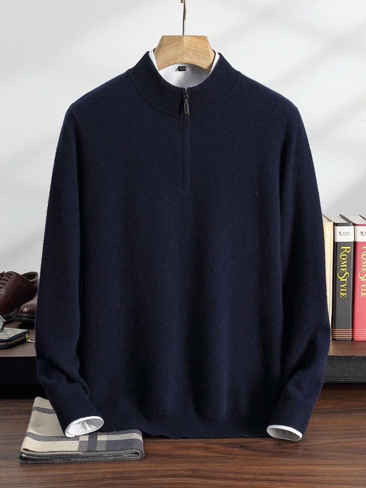 

Men's 100% Cashmere Sweater Zipper Pullover Mock Neck Long Sleeve Casual Style Cashmere Knitwear Autumn Winter Thick Comfy Tops