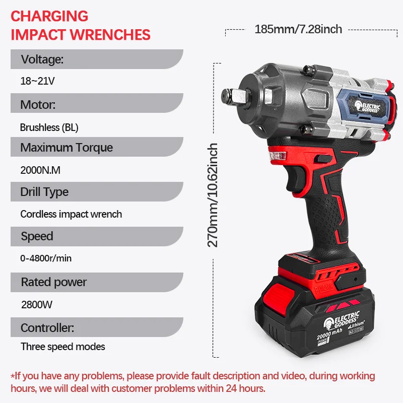 Electric Goddess 2000N. M 2800W Brushless Electric Impact Wrench Cordless Wrench Drill Car Truck Repair Power Tools With Battery