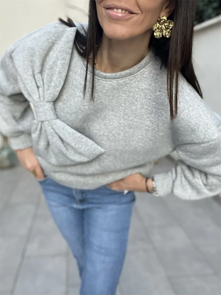 Women s Fall Loose Pullover Cute 3D Bowknot Solid Color Long Sleeve Crew Neck Sweatshirt