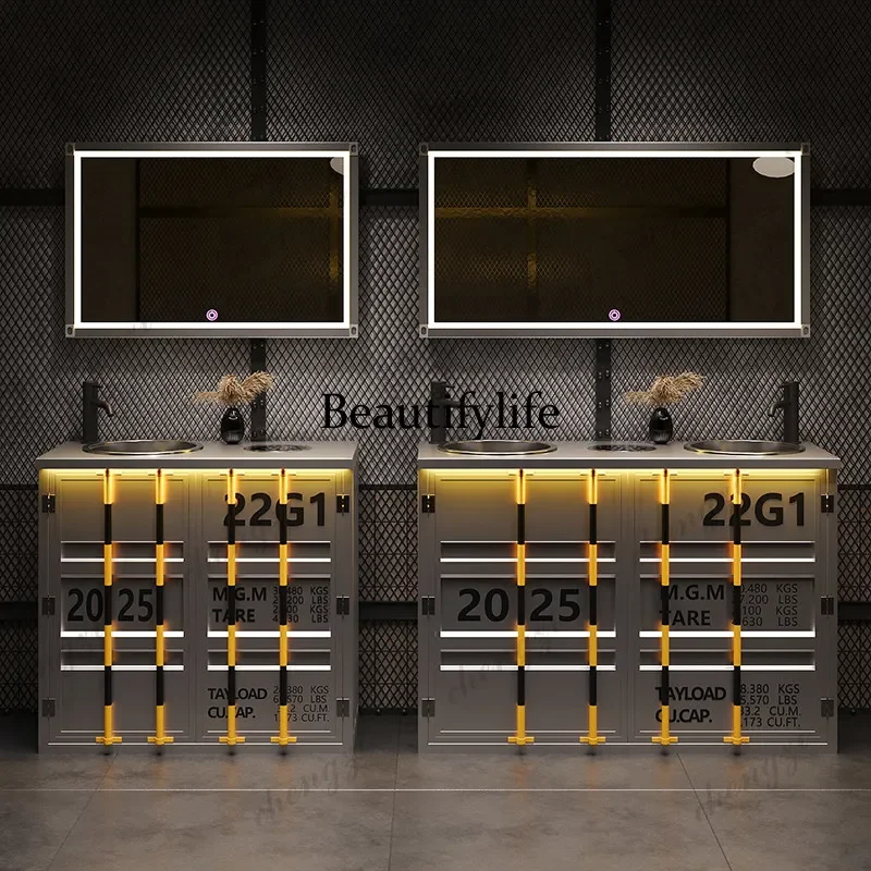 A17 Retro industrial wind washbasin double basin cabinet stainless steel personalized creative container wash face pool