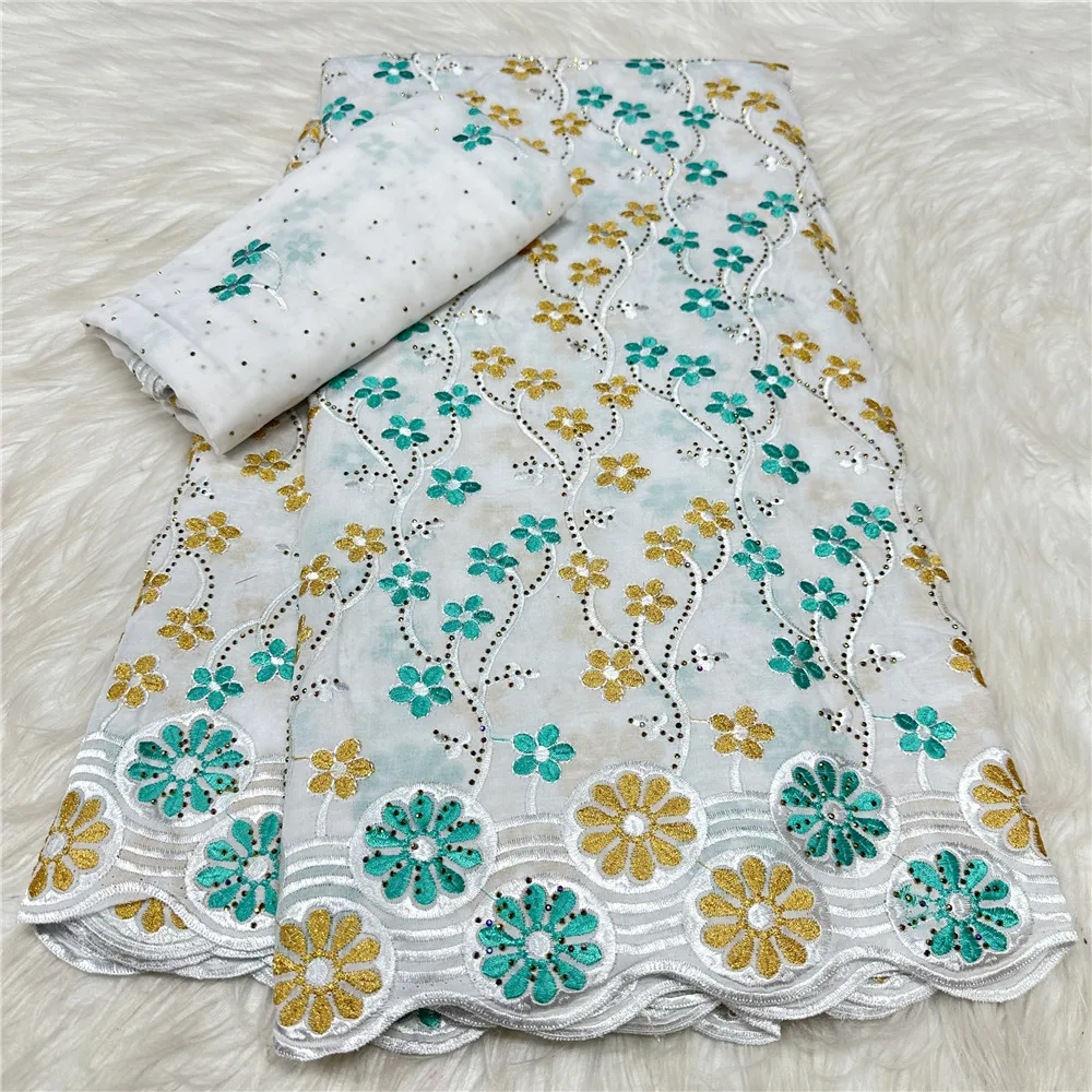 

Luxury 5+2 Yards Swiss Voile Embroidered Lace Fabric Nigerian Cotton Dry Lace with Stones for Clothing Sewing Materials 31A23