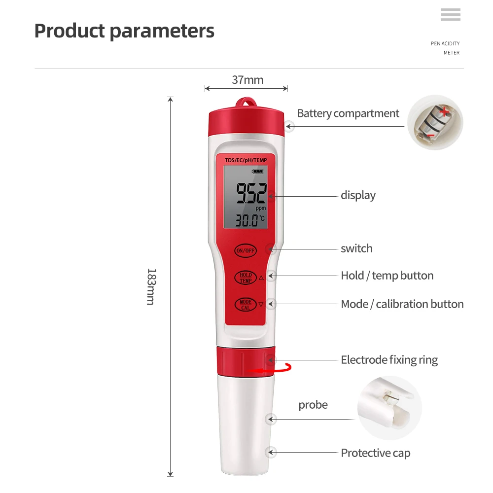 4 in 1 PH Meter PH/TDS/EC/Temperature Meter Digital Water Quality Monitor Tester for Pools Drinking Water Aquariums