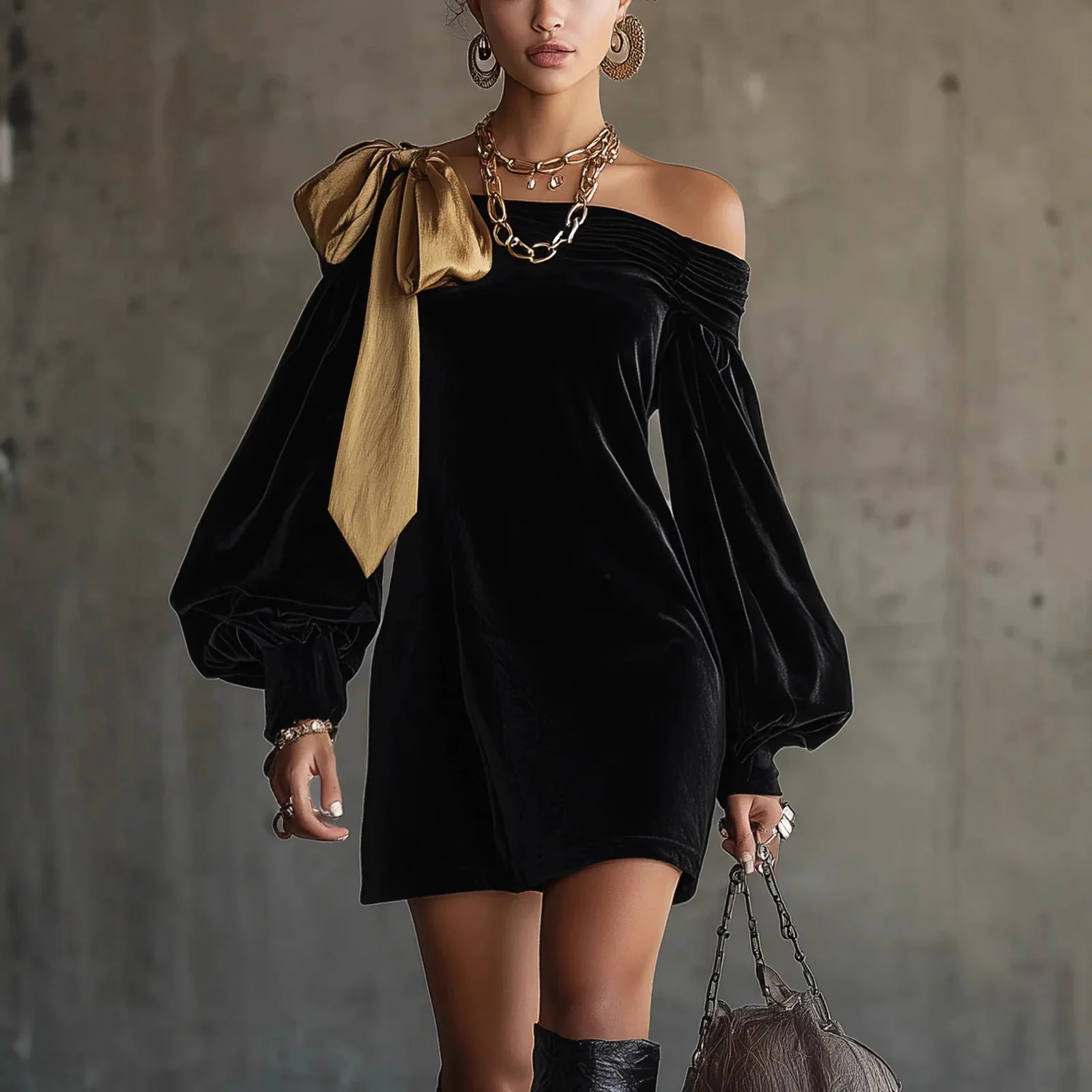 

Cocktail Party Off The Shoulder Lantern Sleeve Long Sleeve Bow Tie Vintage Velvet Mini Dresses Autumn Winter Elegant Party Dress