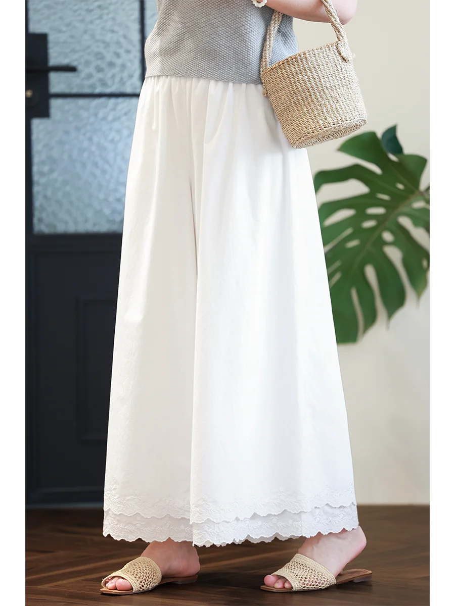 

Удобные легкие хлопковые брюки с двойным слоем, вышивкой и кружевной отделкой, прямые широкие брюки для женщин, повседневные, укороченные, на резинке