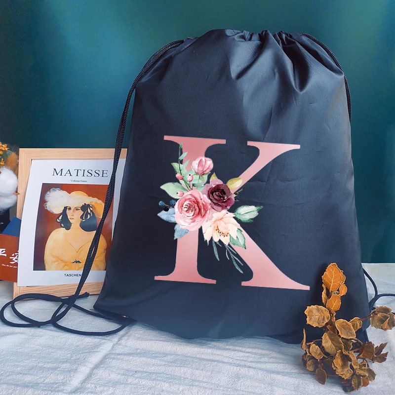 Bolso de compras portátil para mujer, mochila escolar personalizada con cordón para chica, bolsa de gimnasio, mochila con estampado de letras rosas