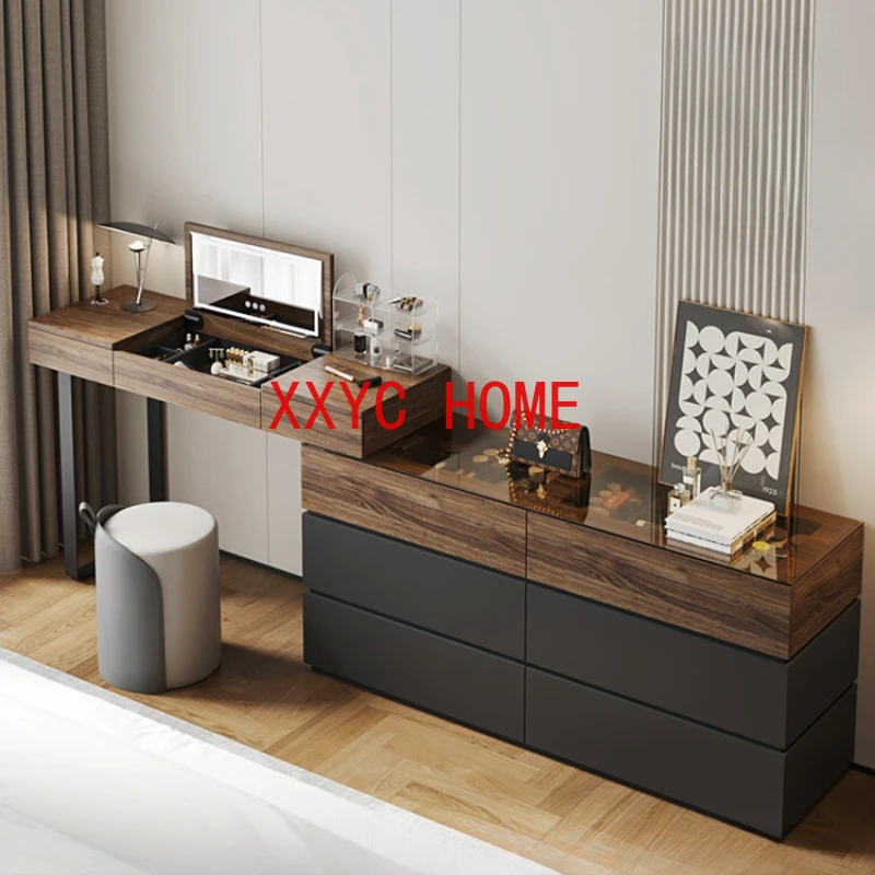 

modern cabinet, dressing table, integrated bedroom, against wall, storage, flip over, makeup mirror for concealment