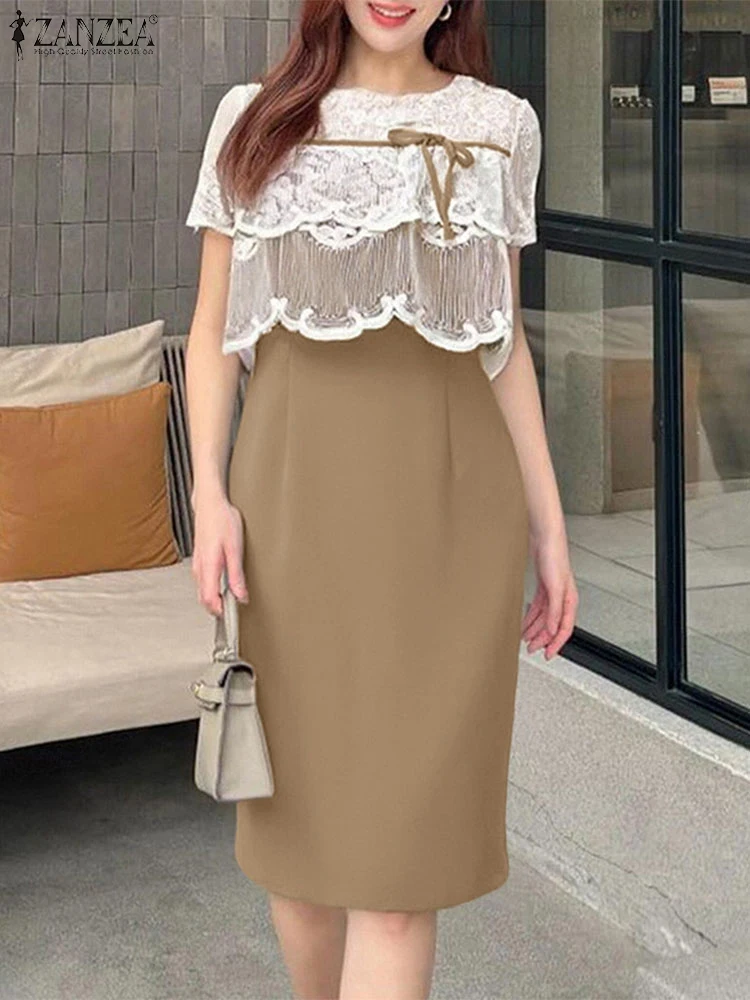 

ZANZEA Elegant Office Dress Women Lace Patchwork Summer Sundress Fashion Knee-Length Vestidos 2025 Lace-Up Short Sleeve Robe