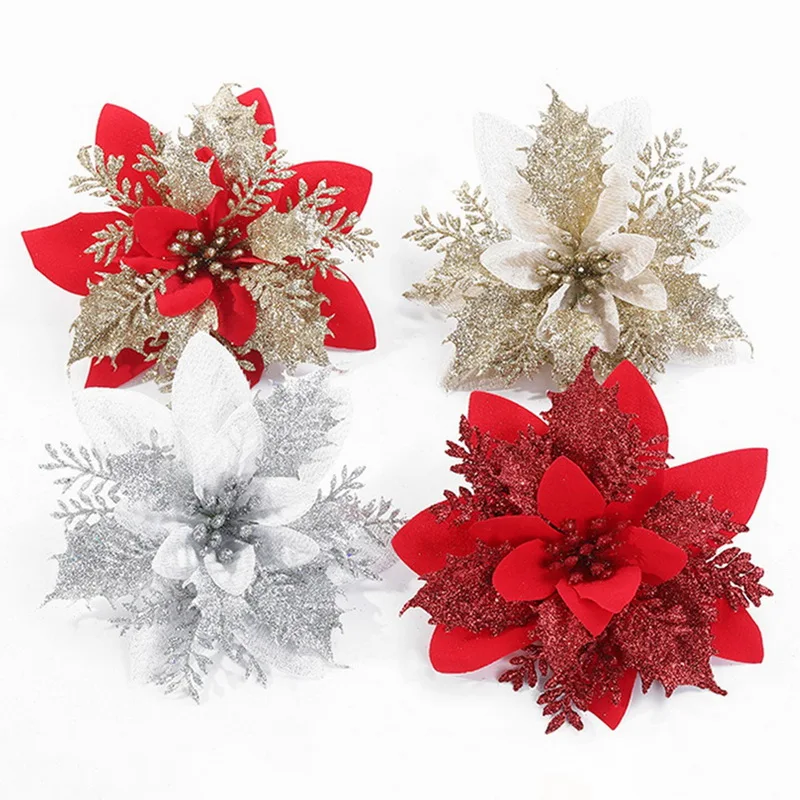 10/5/1Pcs Christmas Flowers Red Glitter Powder Flower Heads For Noel Home Tree Ornaments Navidad Party Table Setting Supplies