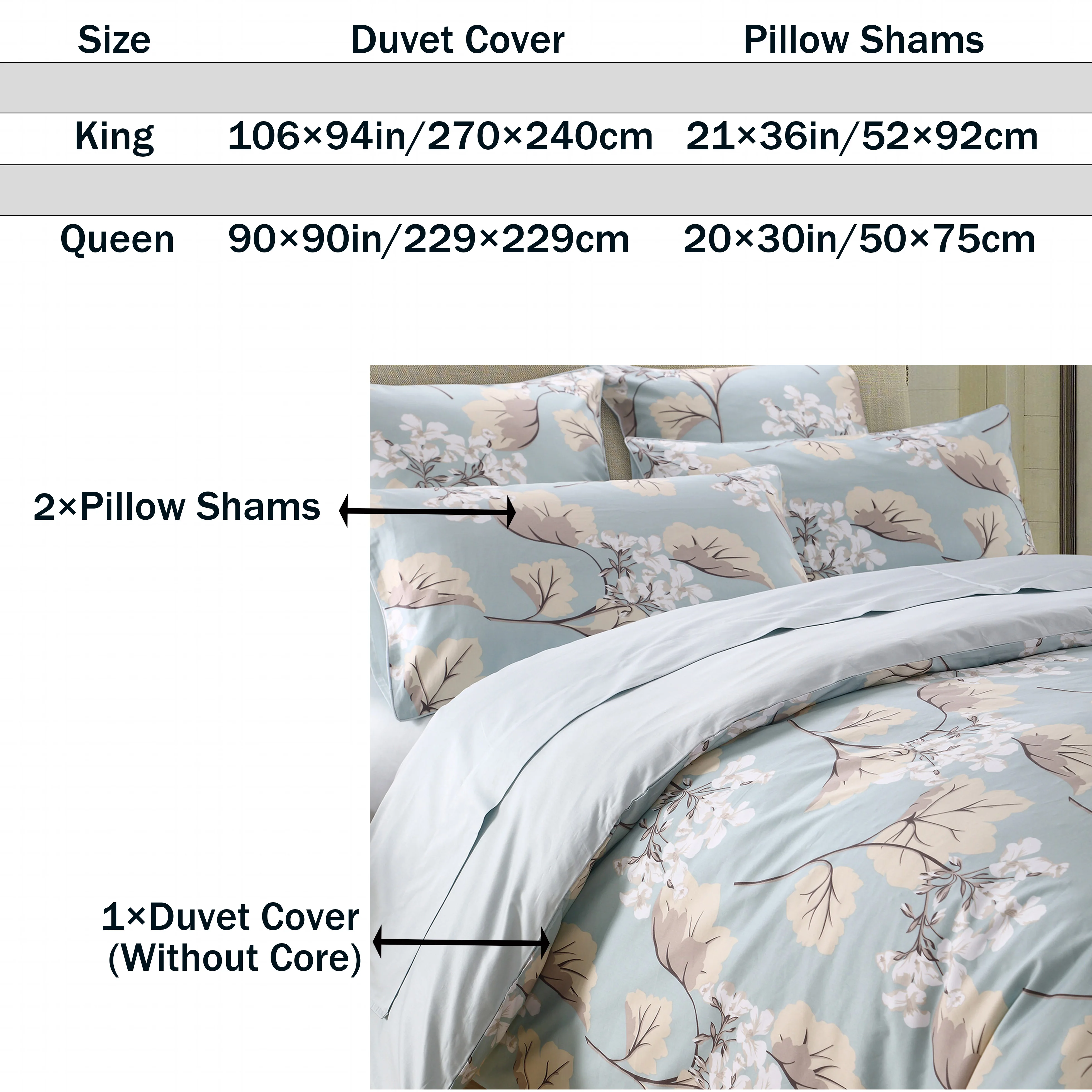 3pcs 600TC 100% Egyptian Cotton Duvet Cover Set, Blue Luxury Leaves Floral, Soft Skin-Friendly (No Inserts)