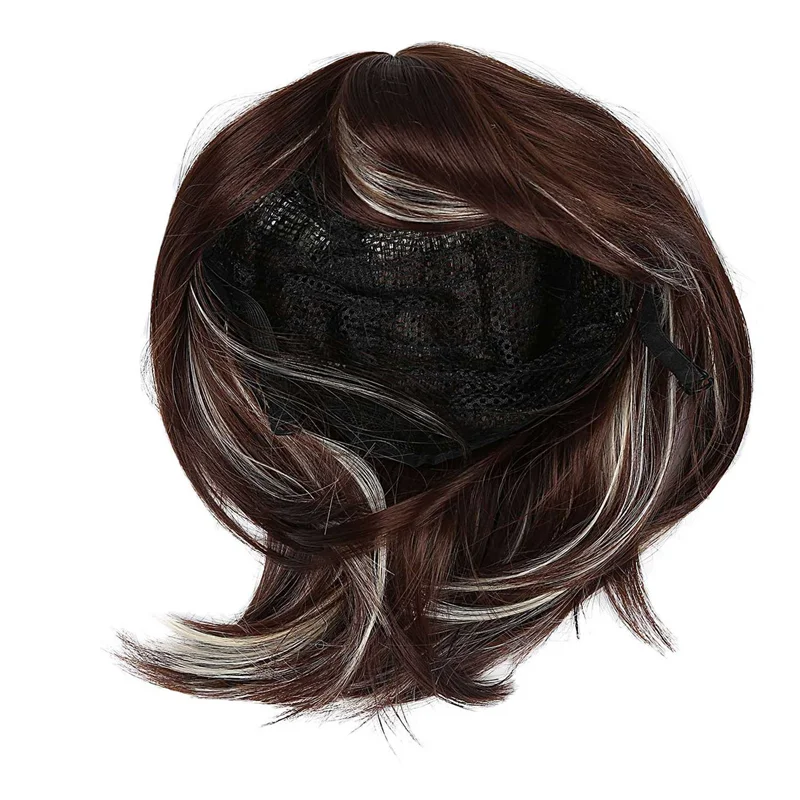

【SEE】2X Women Cosplay Wig Medium Haired Girls Medium Long Hair With Mixed Gold Fringe + Brown