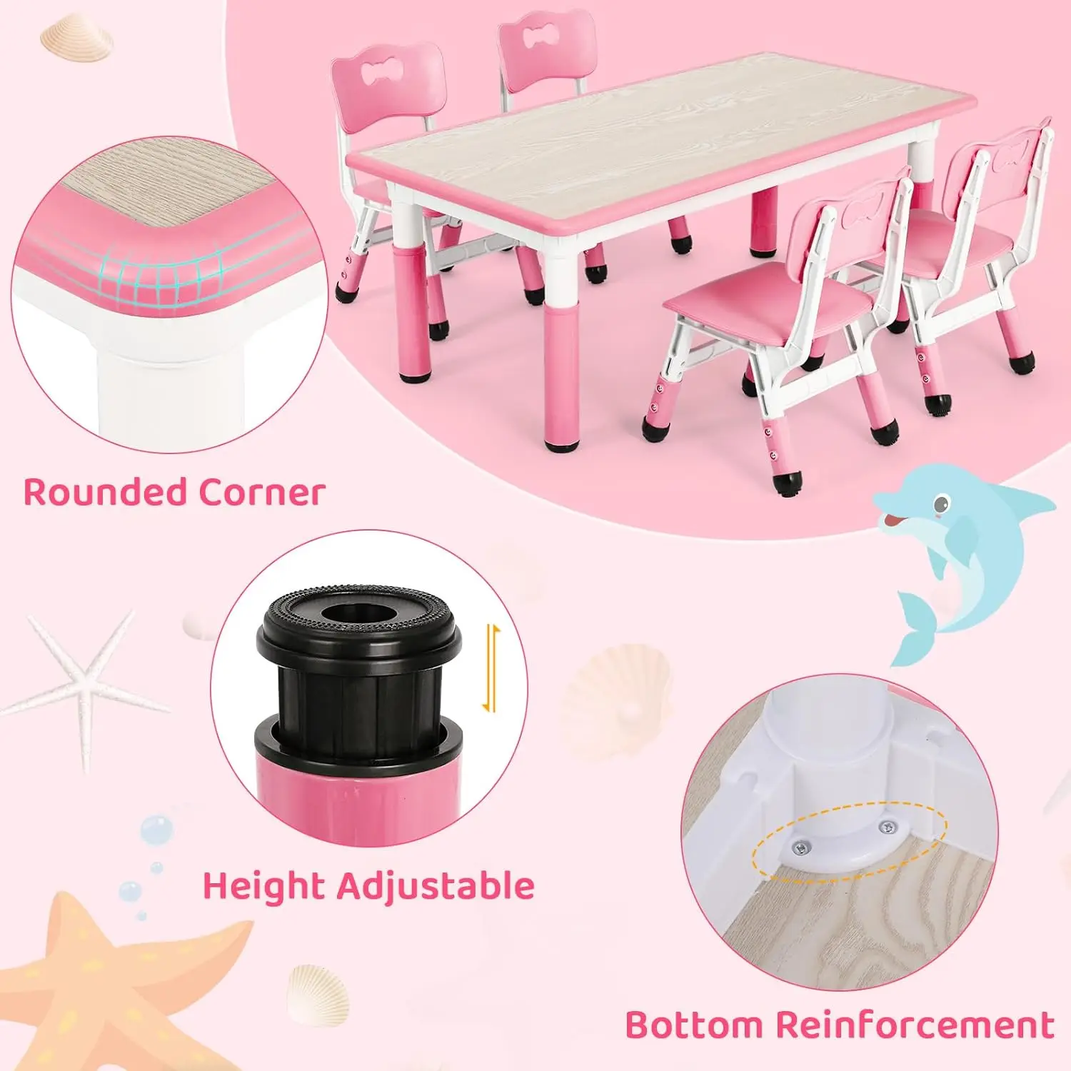 Kids Table and 4 Chairs, Height Adjustable Toddler Desk & Chair Set, Anti-Slip Legs, Graffiti Desktop, Children Large Multi-Acti