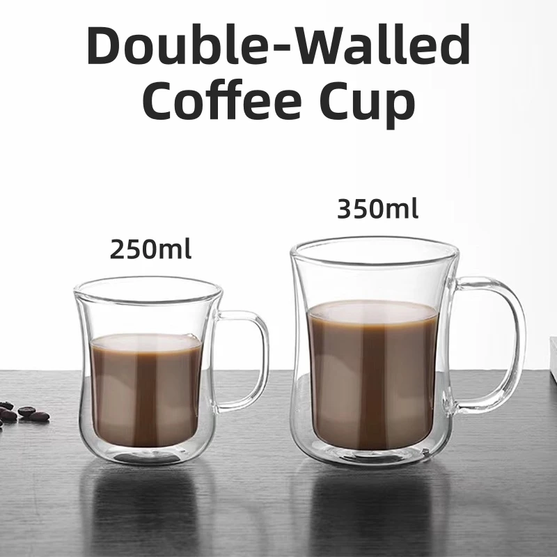 Transparent Borosilicate Double-Walled Glasses with A Handle, Suitable for Coffee, Tea, Cappuccino, Latte Macchiato Mugs