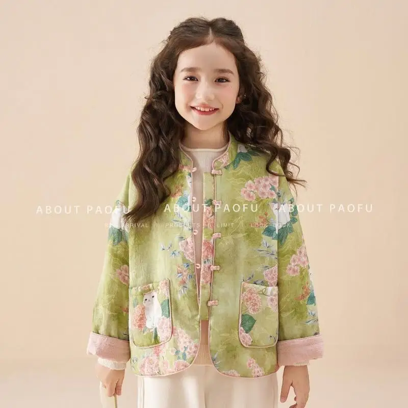 

2025 New Chinese Style Reversible Cotton Padded Jacket for Girls Kids Warm Fashion Coat Children Outerwear Winter Clothes