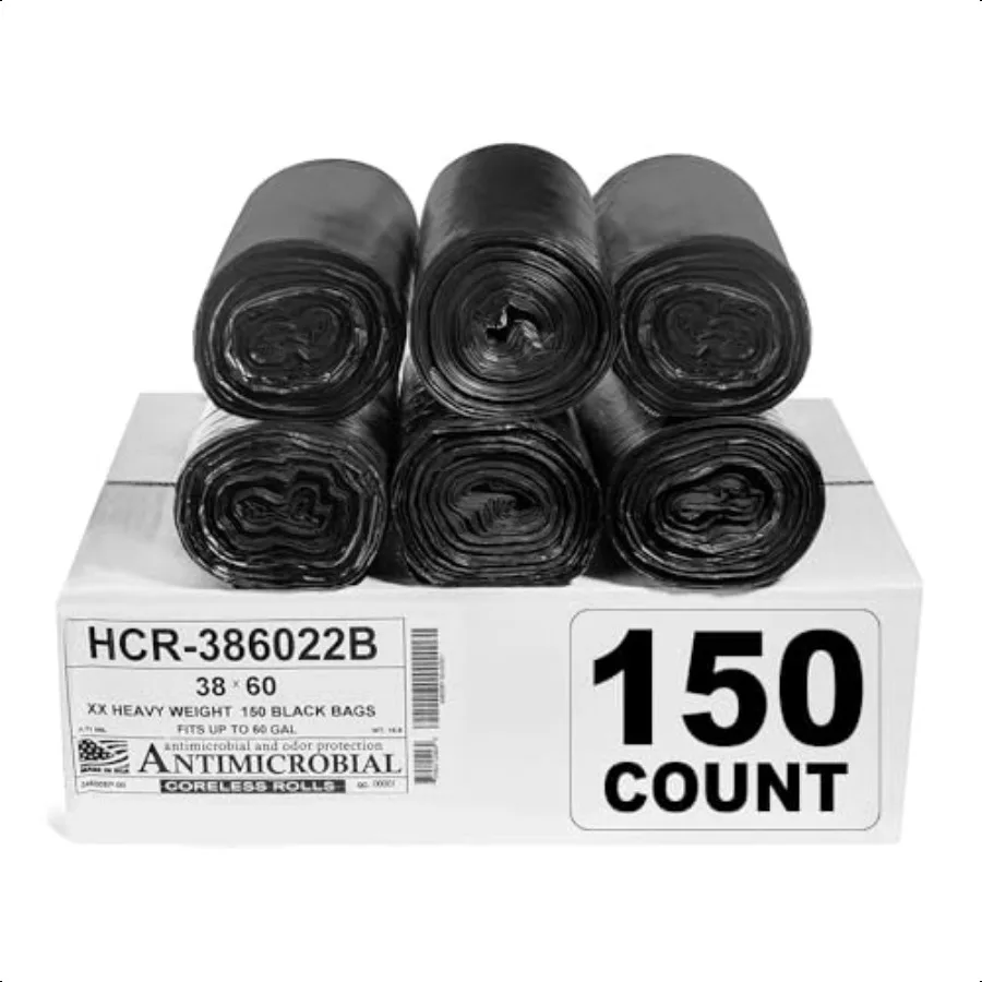 

Мешки для мусора высокой плотности, 60 галлонов, 150 шт., 22 микрон, eq 38 x 60, черные для ванной комнаты, офиса, промышленной комерции, Janitorial Mun