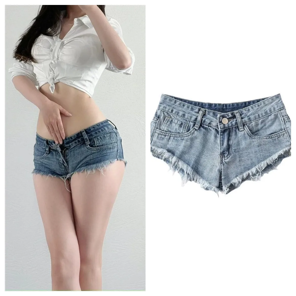 

Blue Low Waist Rough Edge Denim Super Shorts Women's Hip Wrap Worn Old Denim Shorts