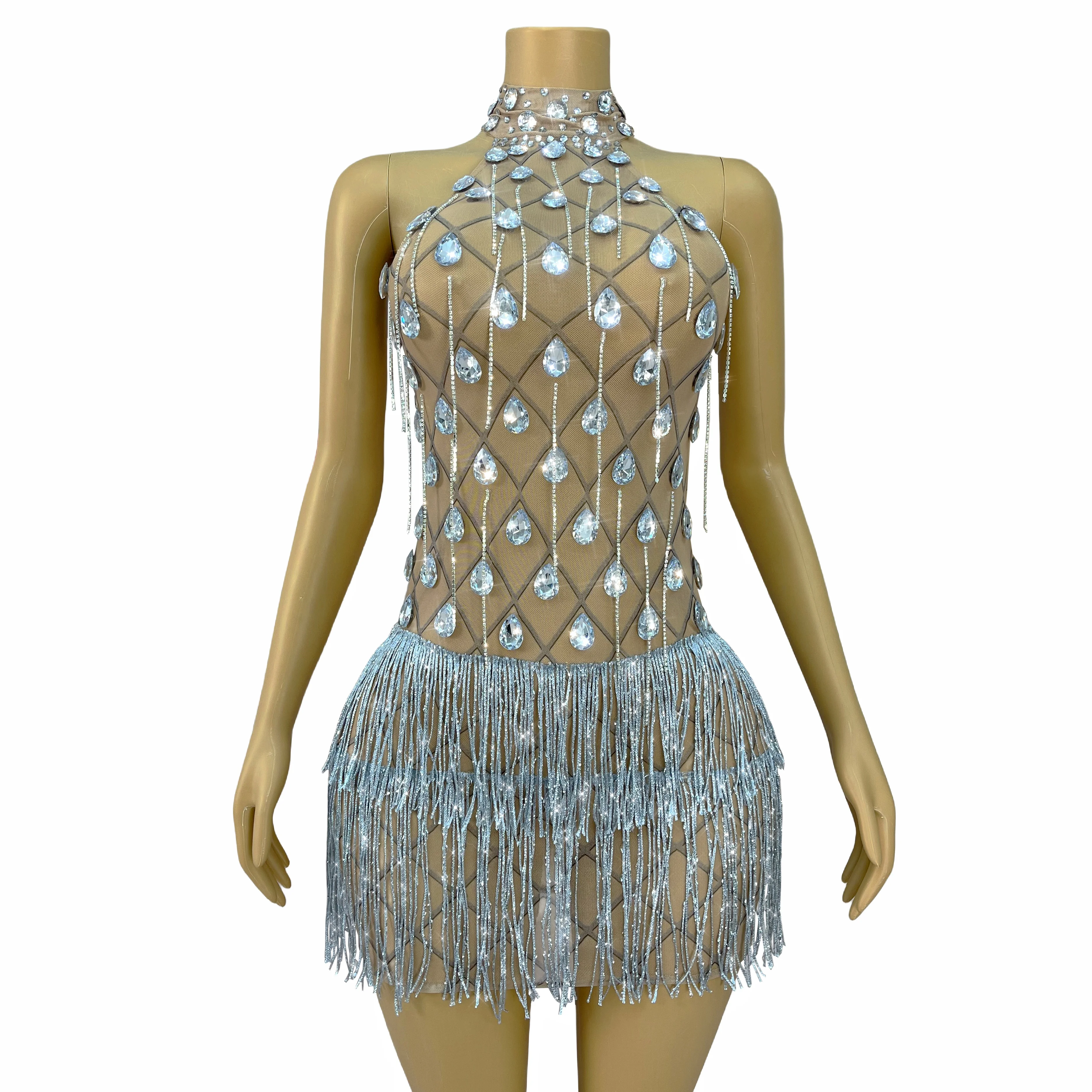 New Blingbling Crystals chains Tassels Sexy Trim fit Mesh Dress Singer Dancer Performance Party Show Fashion Outfit Lingshuo