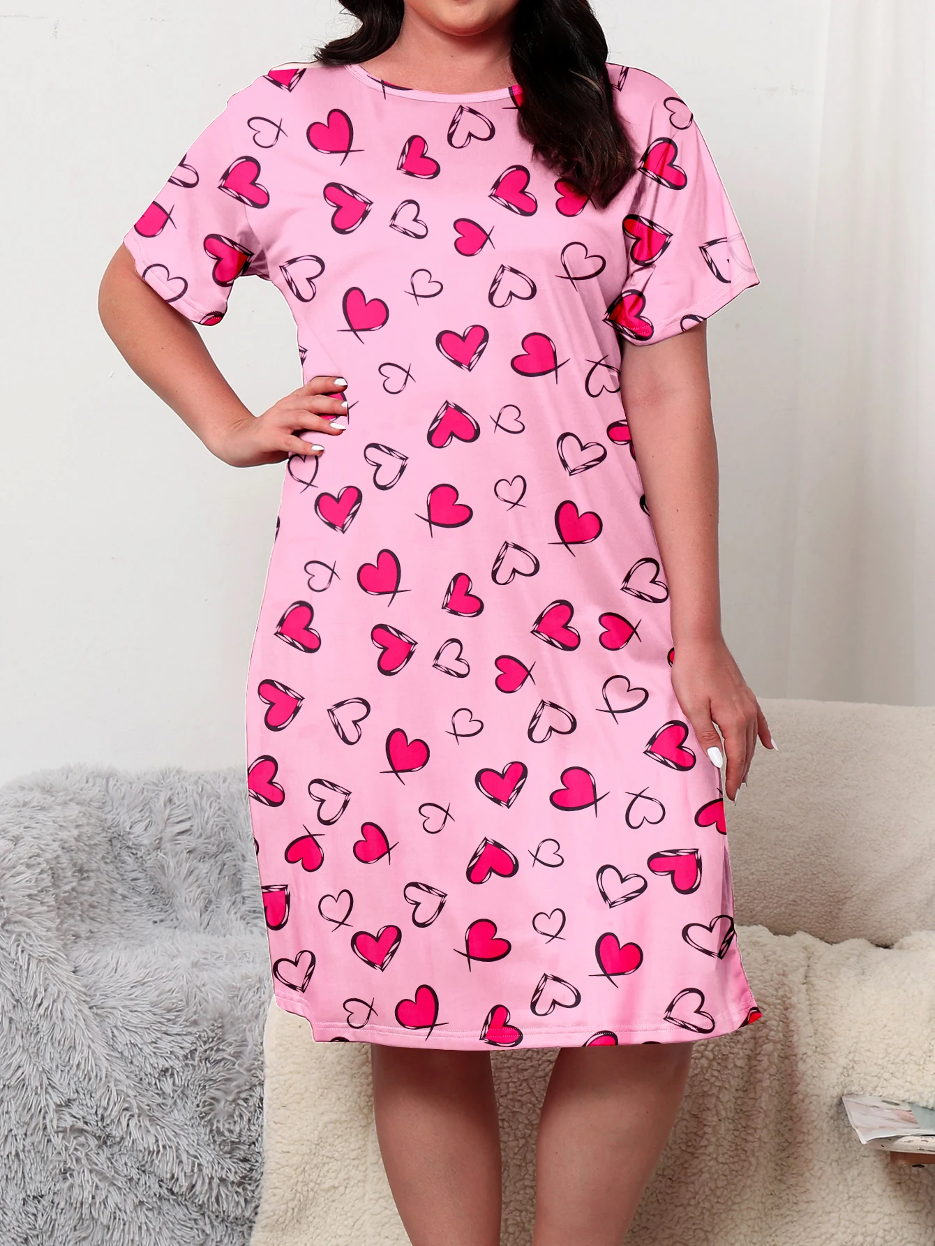 Plus Size Dress Over Knee Love Picture Home and Casual Wear Both Plus Size 1-5XL 2024 New Dress