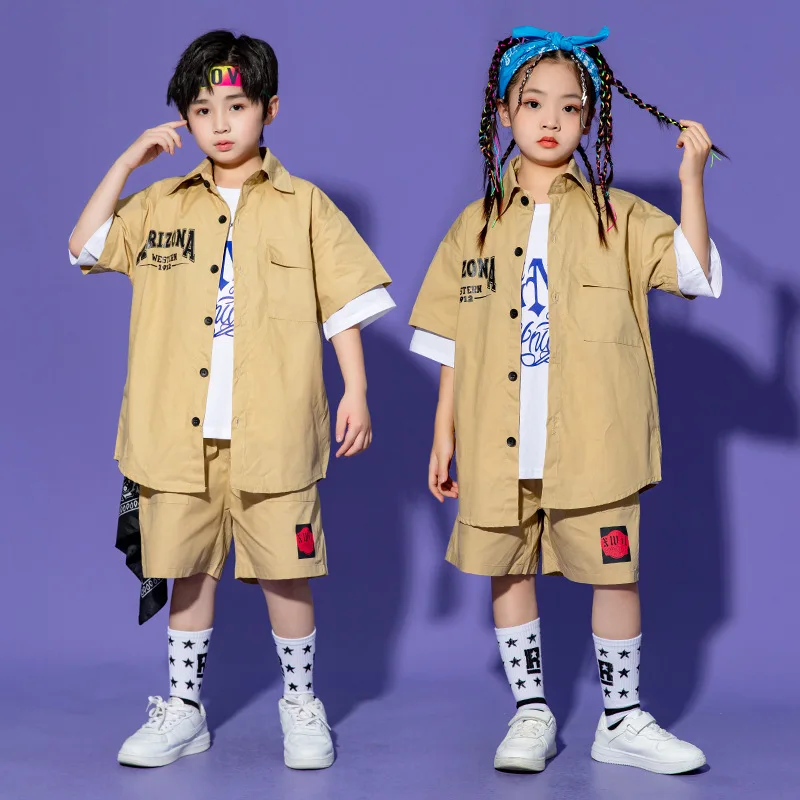 Street dance children's trendy clothing cool and handsome boy hip-hop set khaki girl hip-hop performance clothing children's clo