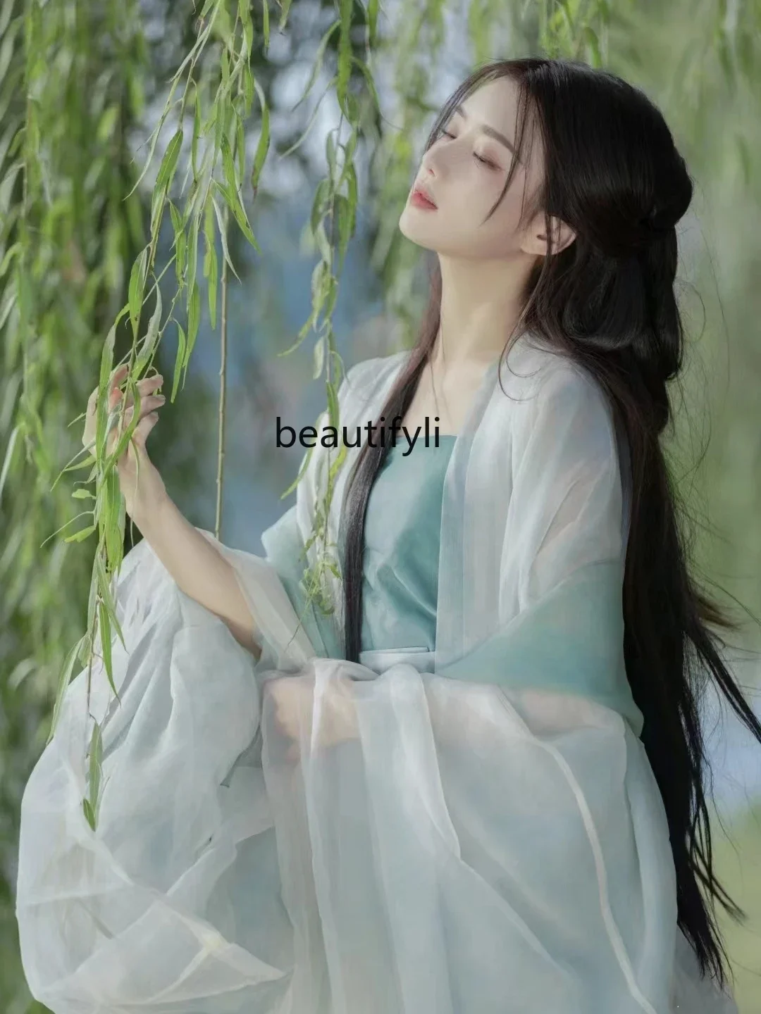 Beautiful Song Style Women's Han Chinese Clothing Ancient Style Song Wipe Jacket and Dress Summer Green Fairy Cool Series