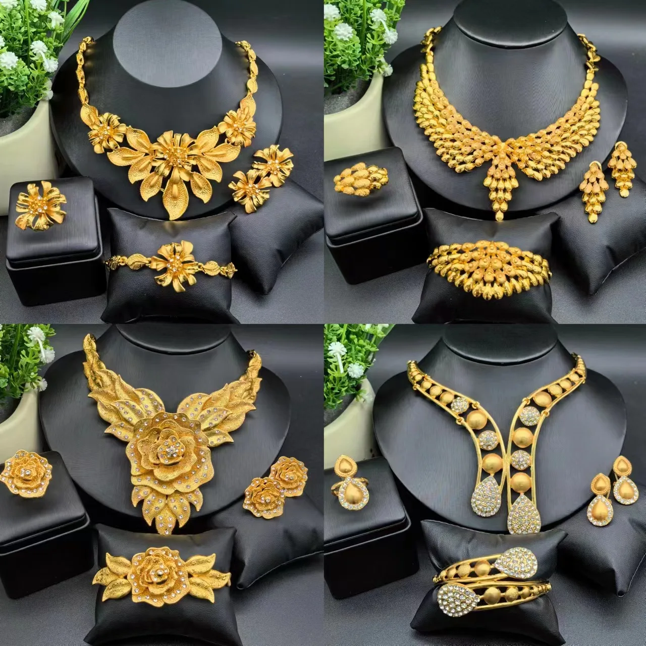 

OEM African BOHO Ins Style Wedding Hot Selling 4in1 Fashion Jewelry Set Copper Quality Necklace Earrings 18k Gold Bracelet Ring