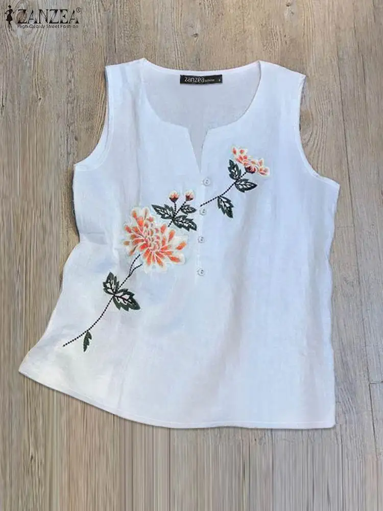 ZANZEA Women V Neck Tees Tops Casual Loose Daily 2024 Summer Cotton Tanks Embroidery Flower Vintage Leisure Holiday Blusas Shirt