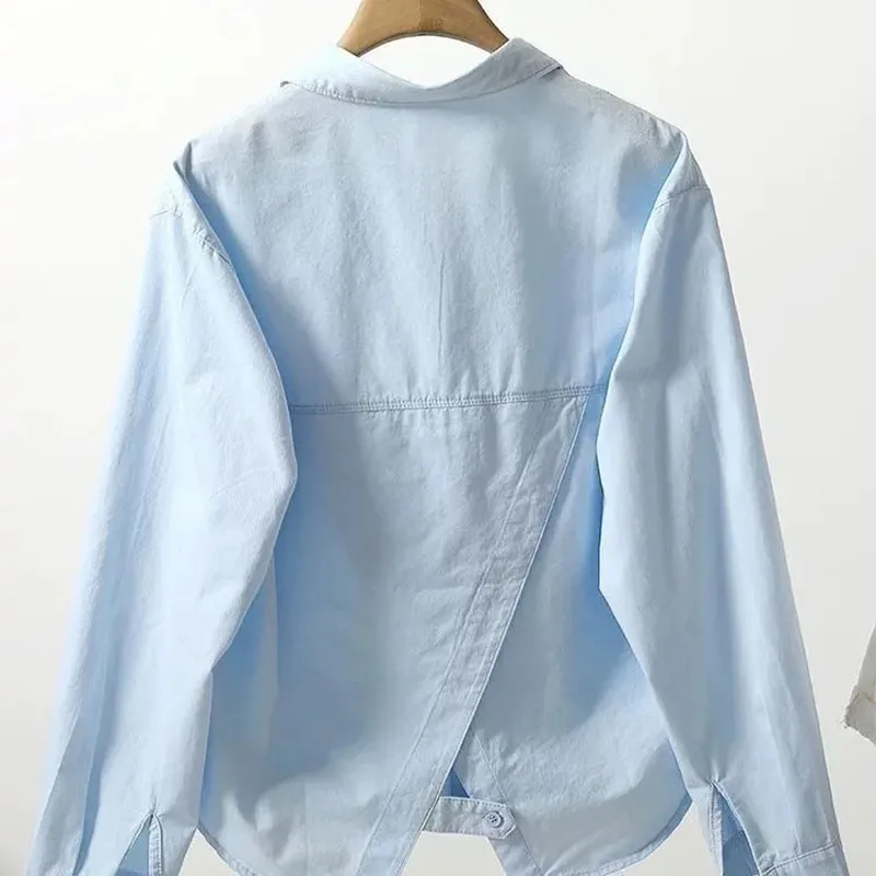 Katoenen Shirt Dames 2025, Lente Zomer Nieuwe Jas Gevouwen Zak Terug Split Korte Jas Koreaanse Vrije tijd Buiten Vrouwelijke Blouse Tij