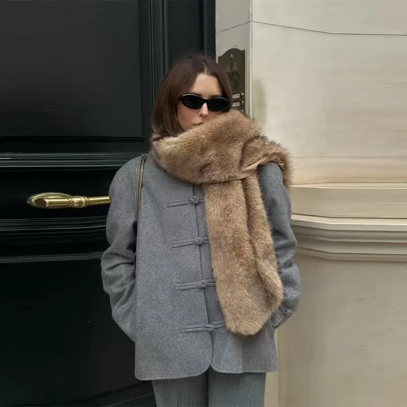Solid Gray Stand Collar Jacket Decorative Knot Buttons Long Sleeve Loose Women Fashion Casual Short Outerwear 260701