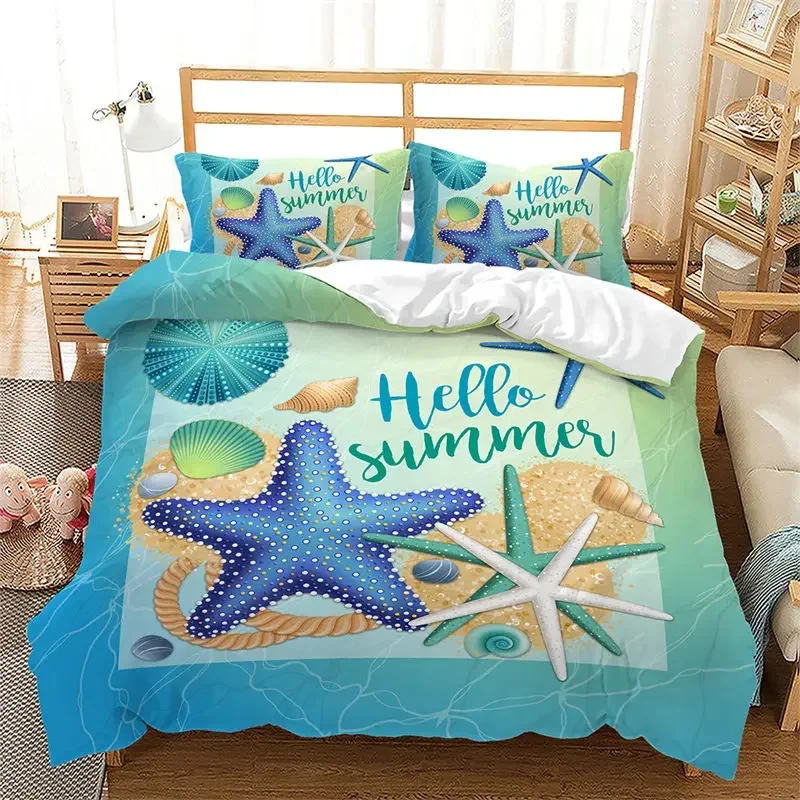 Summer Beach Duvet Cover Hawaiian Vacation Style Seashell Starfish Bedding Set Microfiber Tropical Landscape Queen Quilt Cover