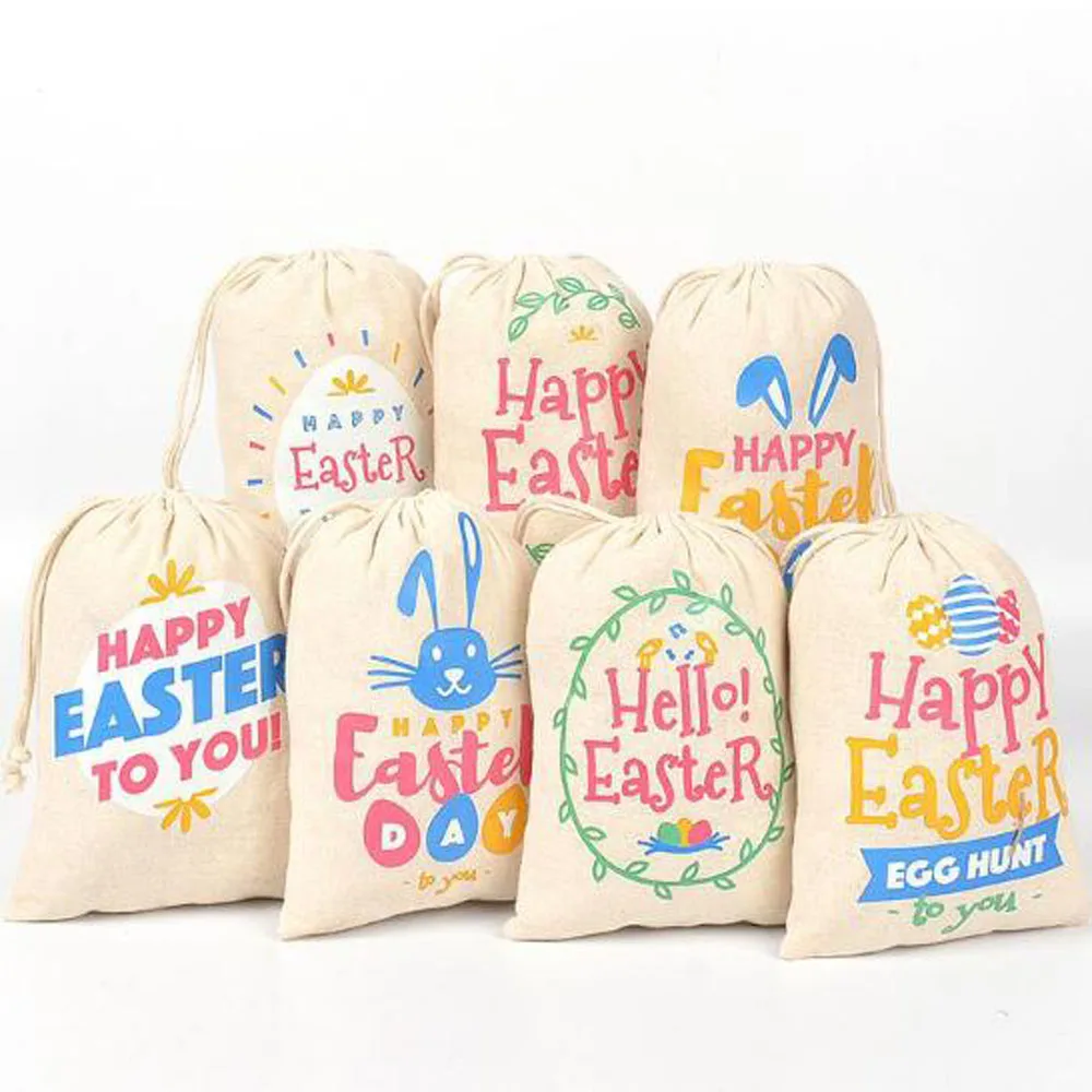 20pcs/lot 13*18cm/5.1*7.1'' Happy Easter Gift Packaging Pouches Drawstring Linen Bags Birthday Party Kids Candy Pouch