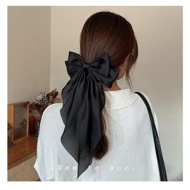 Koreanische Accessoires Haarspangen für Frauen und Mädchen, große Schleife aus festem Satin, lange Bandschleifen, Federklemme, Haarspange für Damen 2026 – Detail 10
