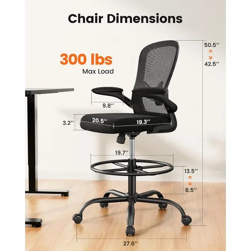 Drafting Chair, Standing Desk Chair with Flip-Up Armrests, High Desk Chair Adjustable Height, Ergonomic Tall Office Chair