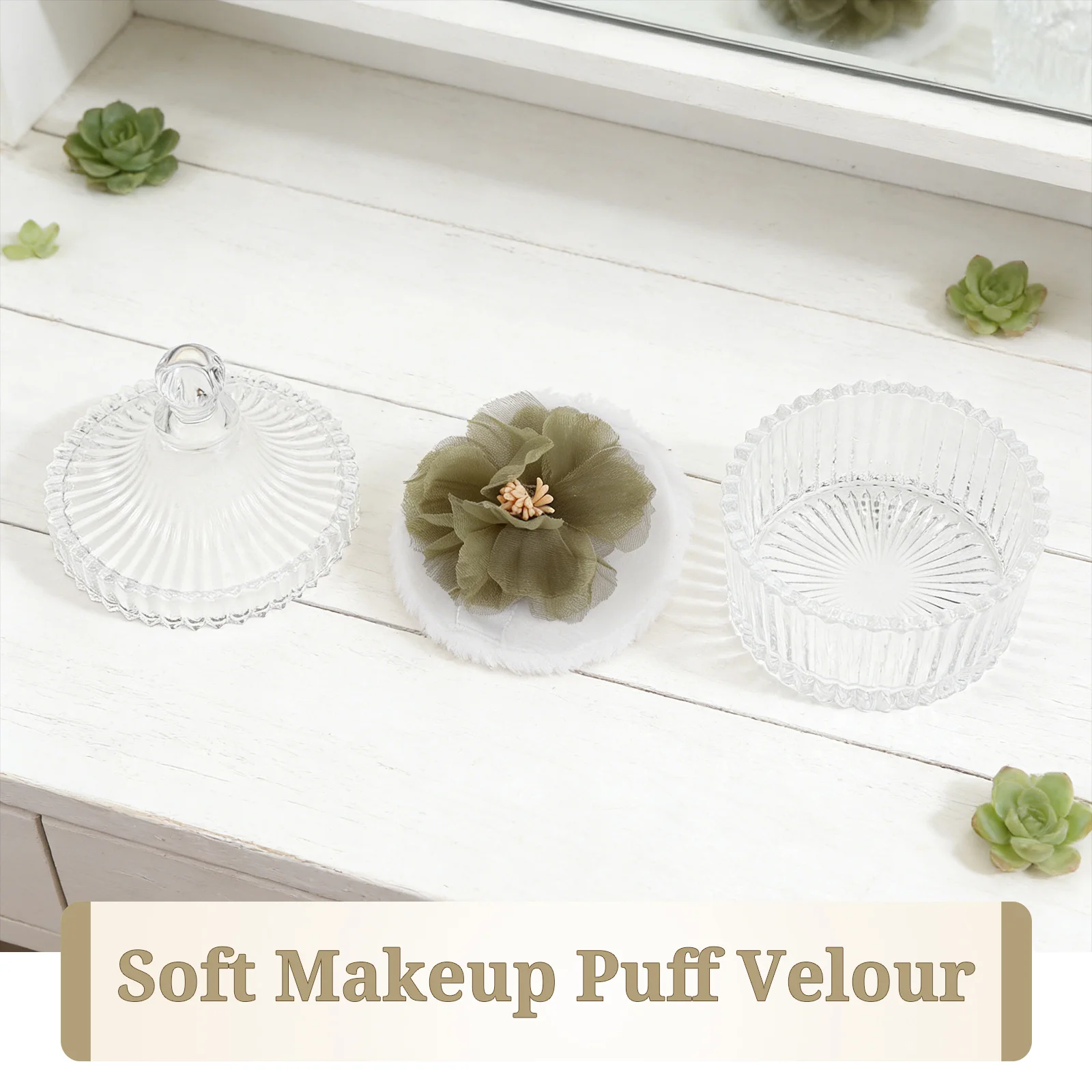 장식용 유리병에 담긴 양면 파우더 퍼프 부드러운 벨루어와 꽃무늬 리본 디자인 얼굴과 몸에 사용하는 대형 그립 어플리케이터