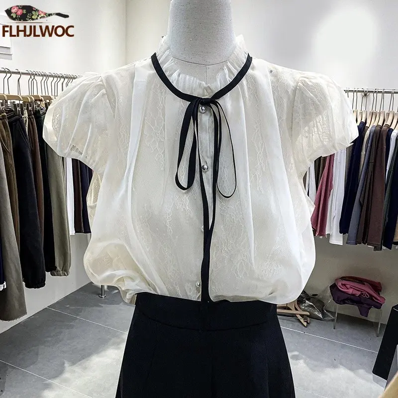 2023 Hot Bow Tie Tops Women Korean Style Japan Design Short Sleeve Elegant Office Lady Cute Ribbon Sweet Basic Shirts Blouses