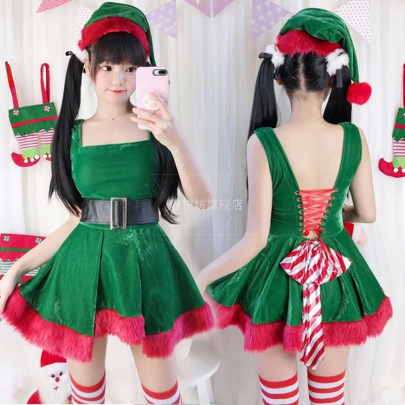 

Christmas Santa Claus Costume Green Elf Cosplay Family Carnival Party New Year Fancy Dress Clothes Set For