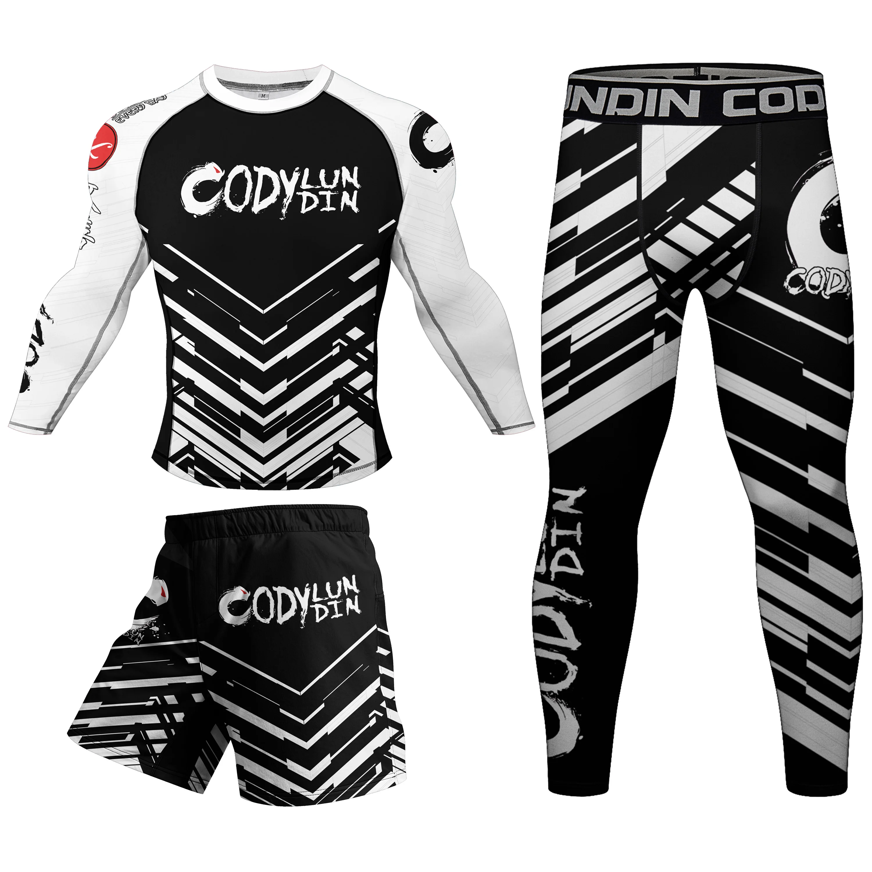 Cody Lundin Geometric Print Rash Guard Set Quick Dry Compression Suit Men BJJ MMA Grappling Surf Gym Training Sportswear