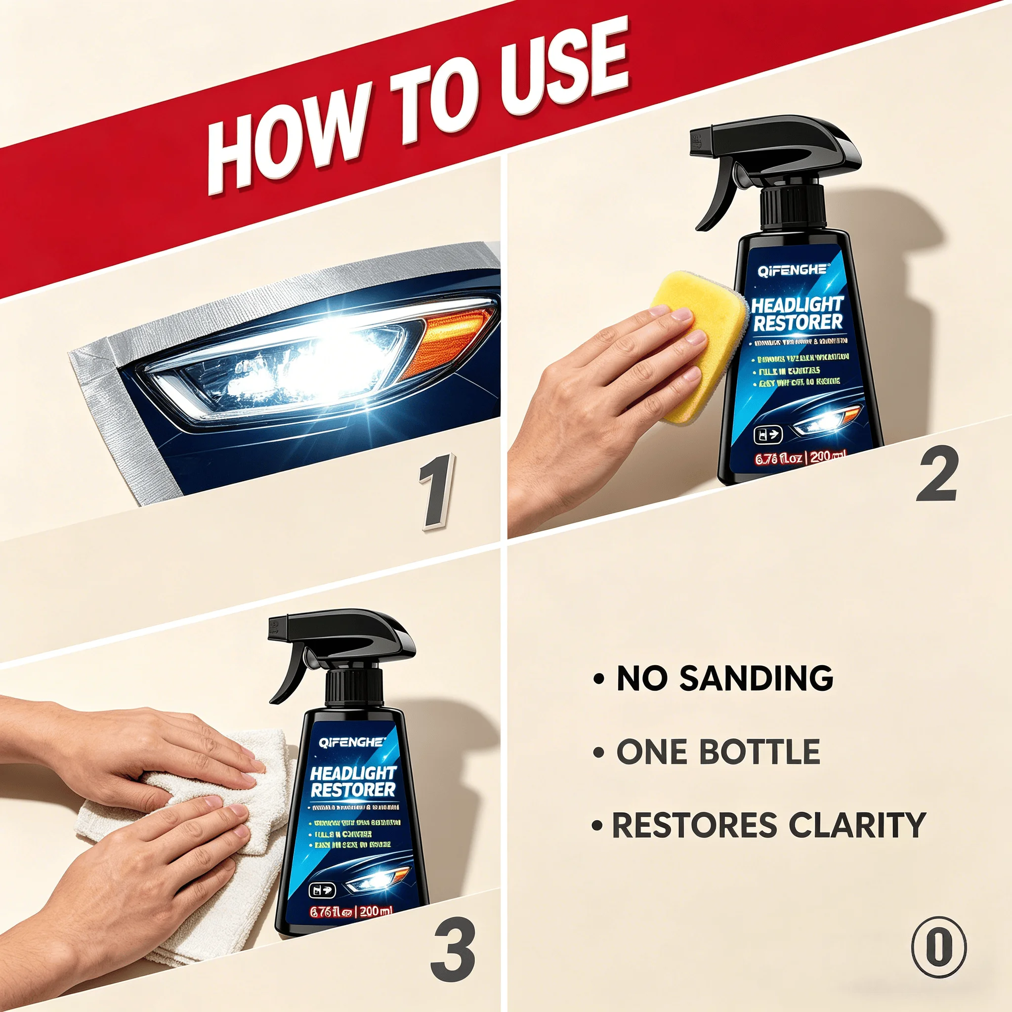 QiFENGHE Headlight Restorer - Non-Toxic Eco-Friendly Formula, Effective Filler for Scratches & Oxidation Remover, Crystal Clear