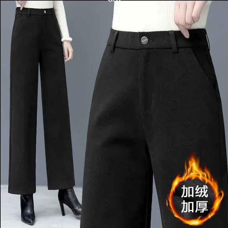 

Woolen Wide Leg Pants Plus Velvet Women High Waist Pinstripes Winter Baggy Pantalones Office Straight Trousers Thicken Work Pant