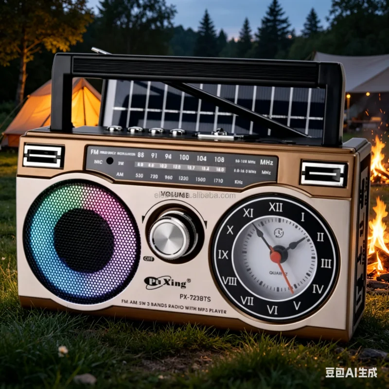 

PX-723BTS FM AM SW3 Band Radios Wireless BT Speaker, With Solar Panel Rechargeable Radio, USB TF Mp3 Player with Clock RGB Light