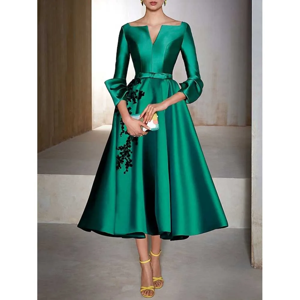 Fashion Chic Green Champagne Mother of the Bride Dresses Tea Length Black Flowers A-Line Slim Fit Elegant Female Prom Gowns