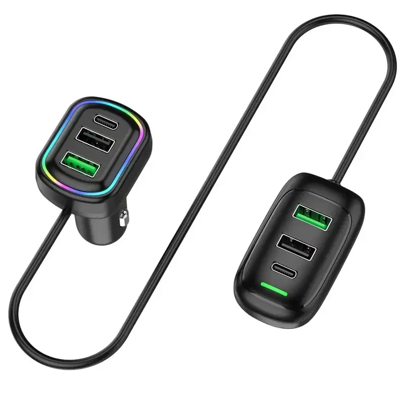 6‑Port USB‑C Car Charger, PD Fast Charging Power Adapter with RGB Lighting, Front & Rear Expansion Design for iPhone, Tablet