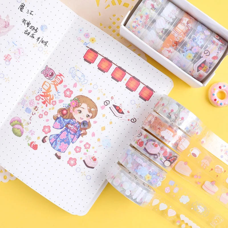 Set de 5 Rollos de Cinta Adhesiva Transparente PET con Diseño de Postres y Dulces para Manualidades y Decoración ﻿